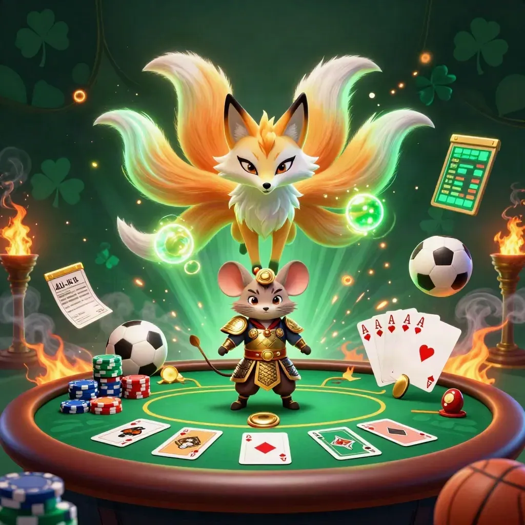 Tre svansrävar och samurajmus i neondriven casinoscen med poker och sportbollar.