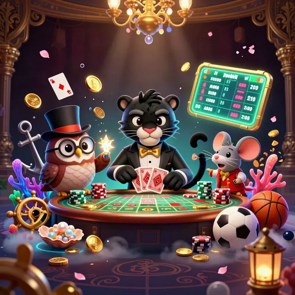 Panter, uggla och mus i lyxigt casinobrus med mynt, kort och undervattensskatter.