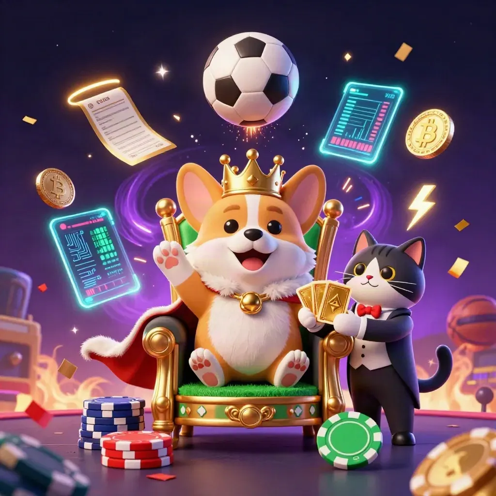 Kunglig corgi och kattbutler i neon casino med fotboll i luften och guldglöd.