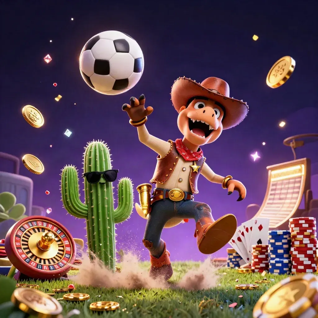 T-Rex-cowboy, kaktus och väderfågel bland mynt, kort, roulettehjul och sportbollar i neon