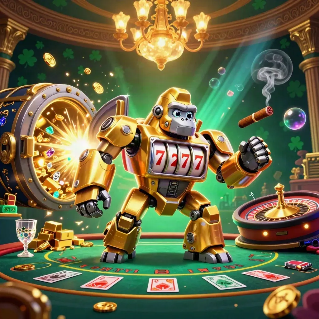 Guldgorilla-mech med liten apa, valvdörr, guld, roulette och neon i casinoglow.