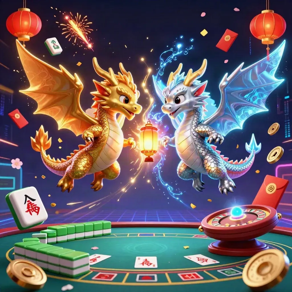 Två drakar, guld och silver, svävar bland lyktor, mynt och neon i en lyxig casinoscen.