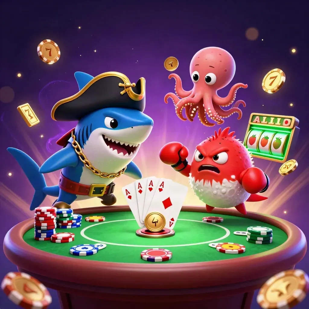 Piratshaj, pufferfisk och bläckfisk med pokerchips och gyllene magi