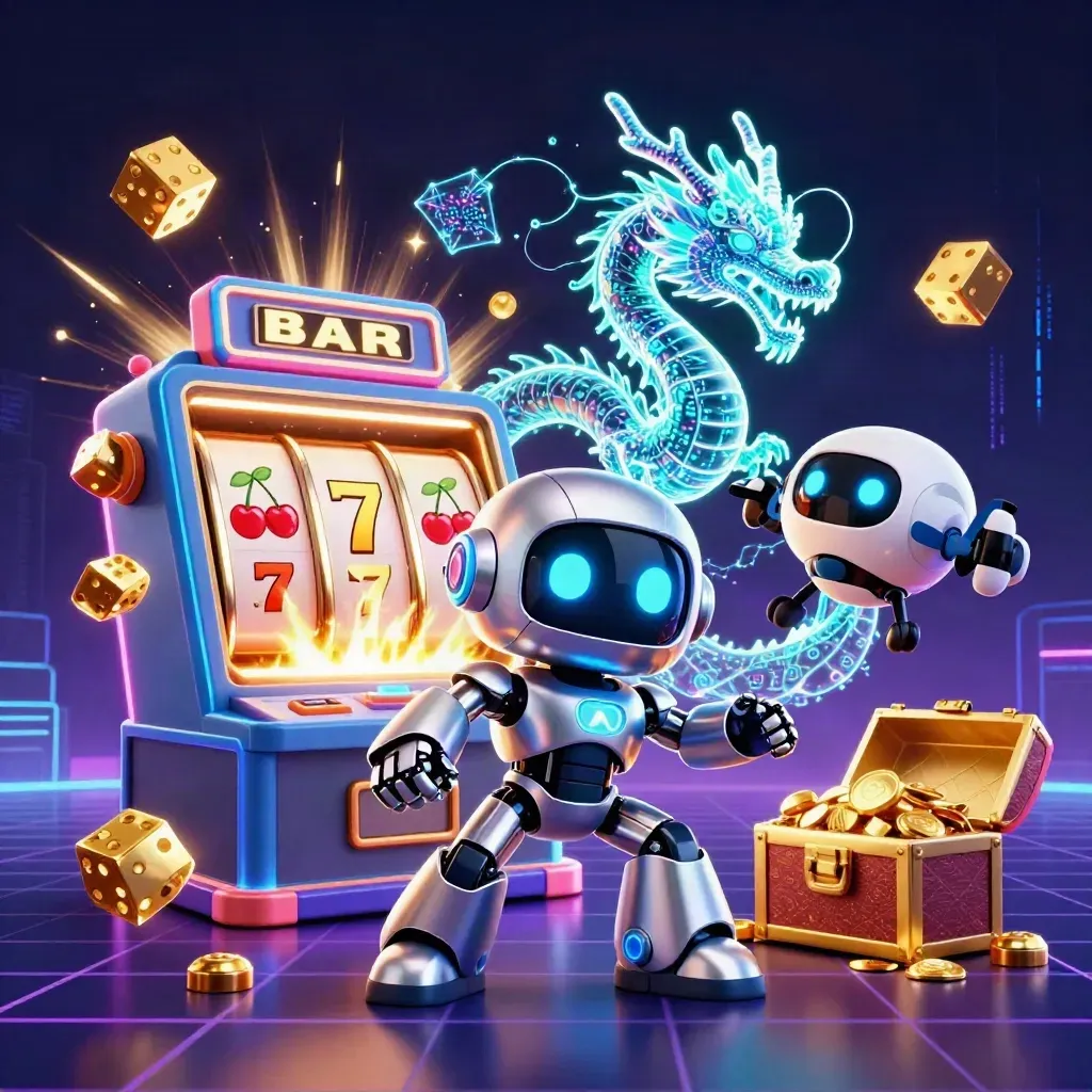 Robot, holograddrake och drönare spränger en slotmaskin med neon-grönt guldljus.