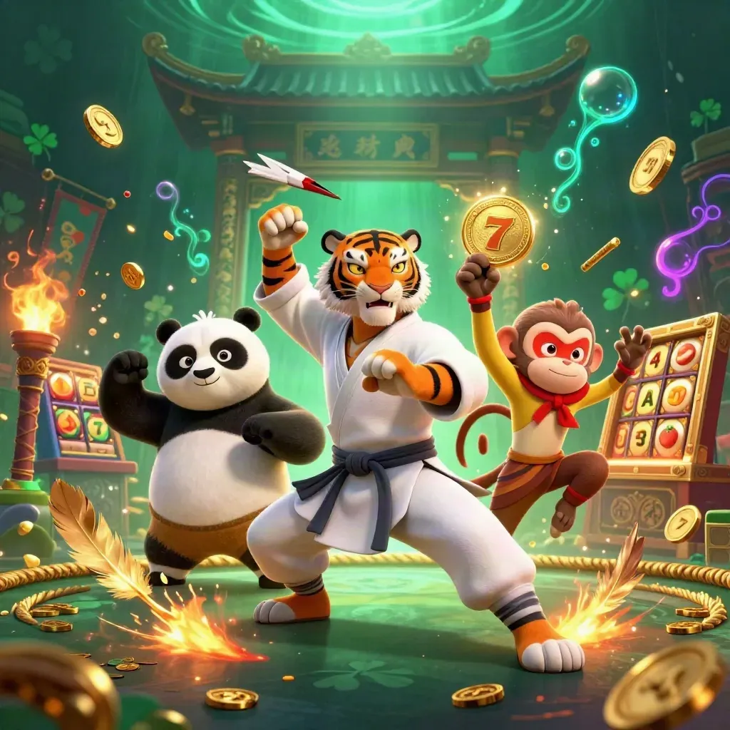 Tre kung-fu-djur bland guld, neongrönt ljus och tempelglöd i ett casinoklipp.