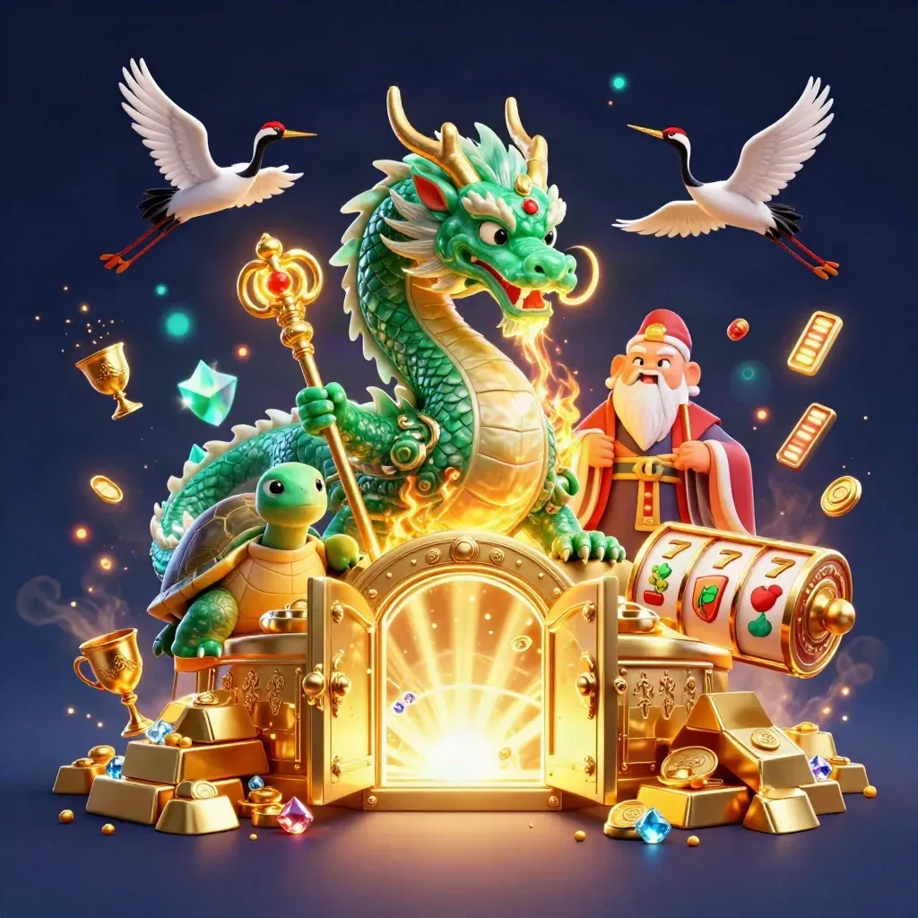 Emeraldgrön drake, sköldpadda och tranor med skattkista, guld och ljuseffekter
