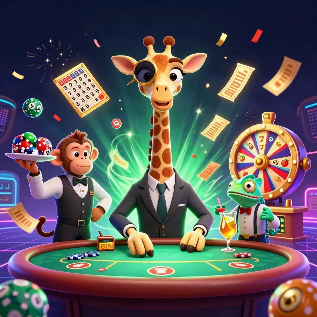 Giraff i kostym, apa och kameleont vid pokerbord med neongröna casinodetaljer och guldglitter.