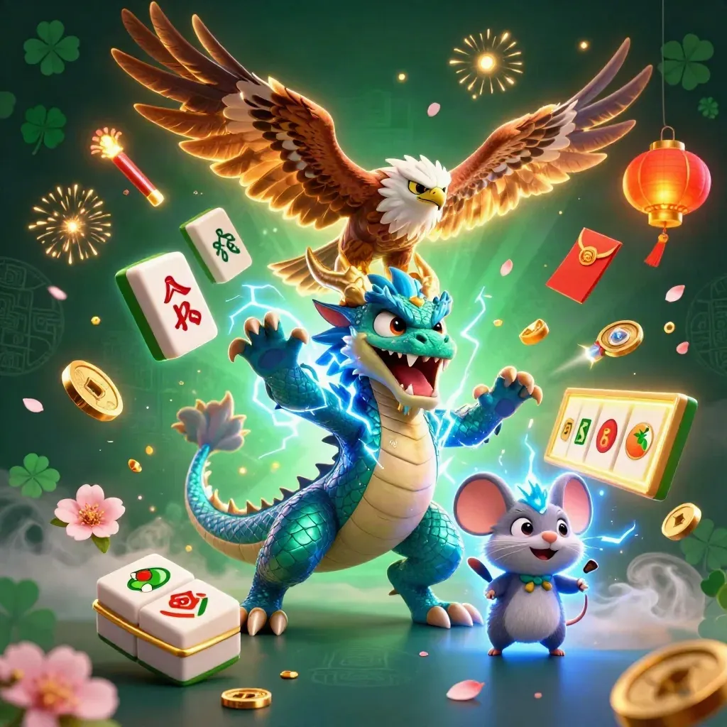 Drake, vindhök och statisk mus bland jade, lyktor och neon grön casinomagi.