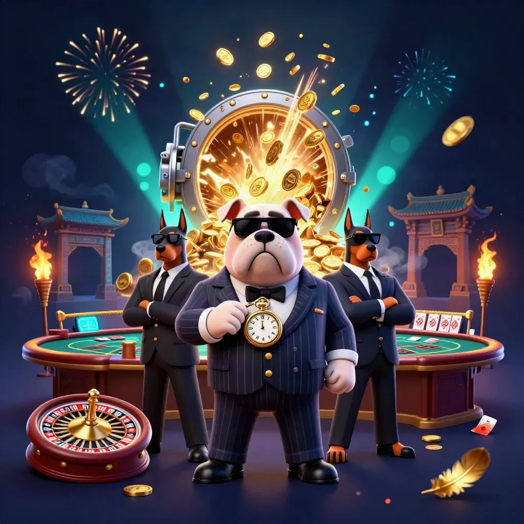 Bulldogg-mafioso och två dobermans i kasinoguld, mynt, eld, tempel och roulette