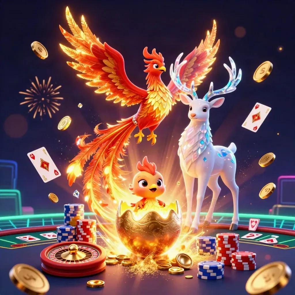 Fenix, hjort och kläckande unge bland mynt, juveler och spinnande roulett i neonmörker.