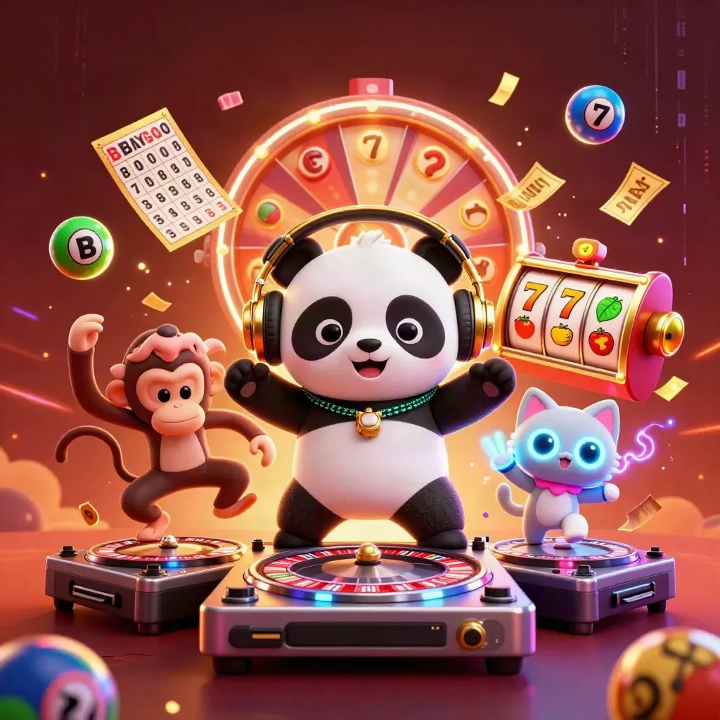 Panda-DJ, dansande apa och glow-stick-katt i ett neonfyllt casinokluster.