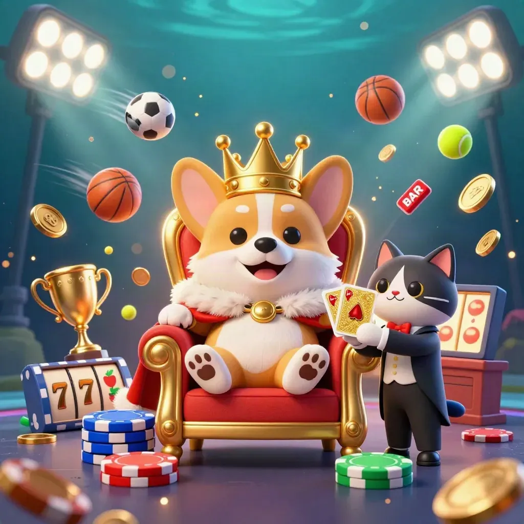 Kunglig corgi och kattbutler på pokerchips, med bollar, guldmynt och slotreels i neon.