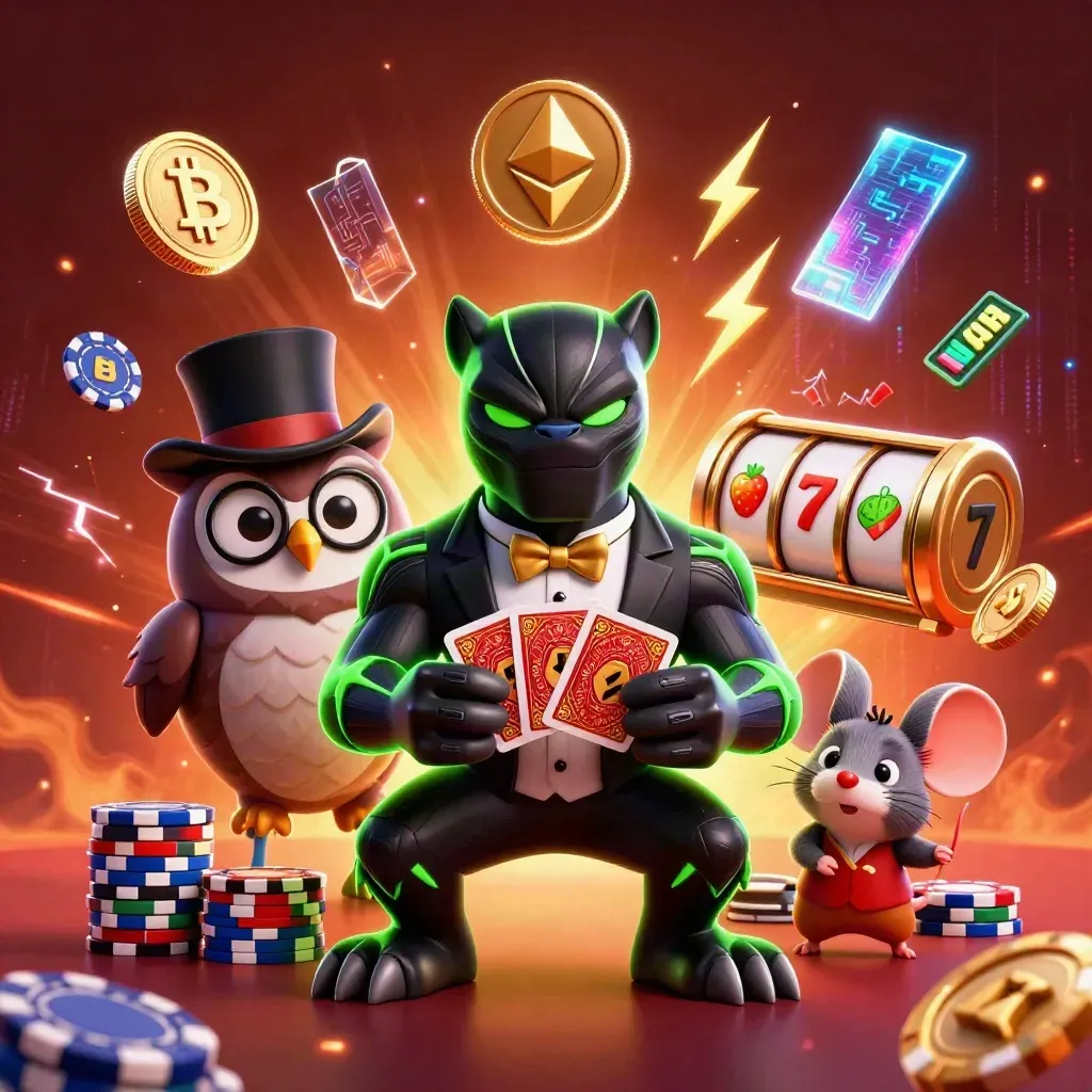 Panter, uggla och mus i ett neonigt casinoäventyr med mynt, kort och ljuseffekter.