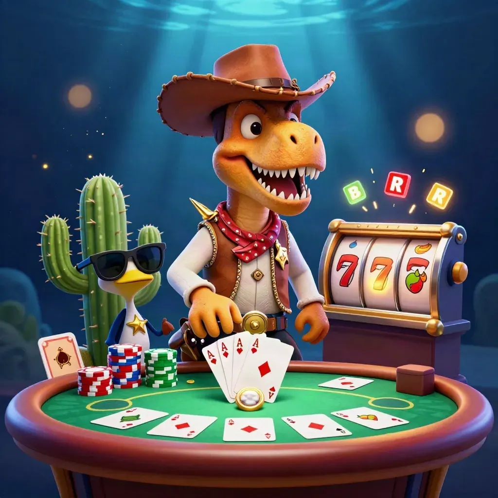 Kovboj-T-rex med kaktus och väglöpare bland pokerchips och slotreels i neon.